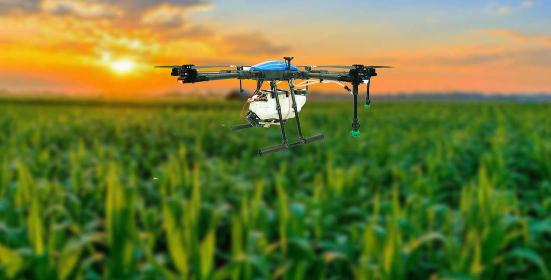 Kisan Agriculture Drones For Crop Management in Mumbai A stunning agricultural drone soars gracefully over a golden cornfield, basking in the warm sunset glow.