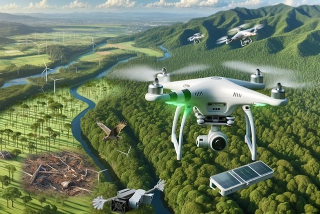 A drone soars above a lush green forest, with towering wind turbines and a winding river in the backdrop