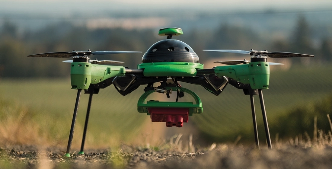 Best Volumetric Analysis Services With Drones in Bangalore A green and black drone gliding over a vibrant field, capturing the beauty of the landscape from above.